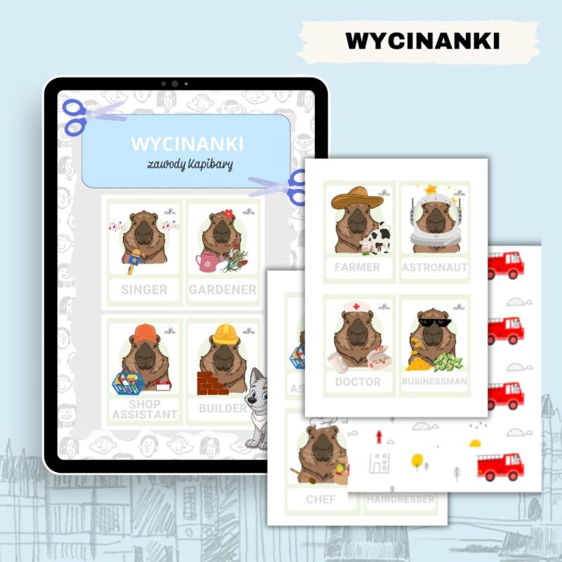 zestaw flashcards zawody po angielsku dla dzieci kapibara