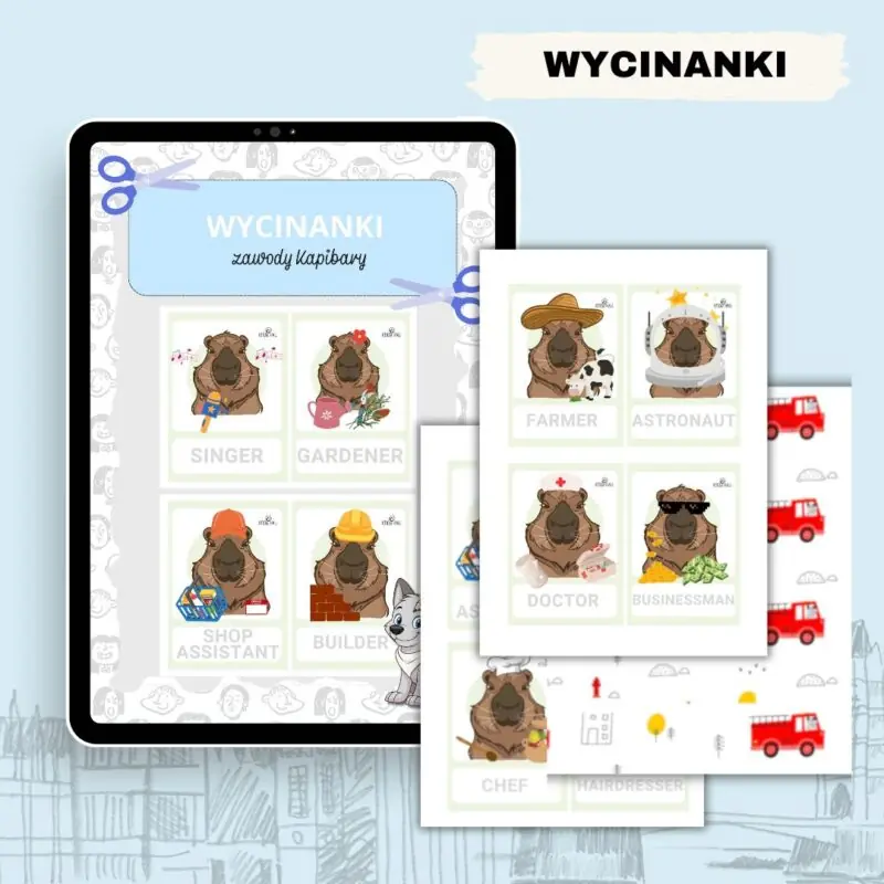 zestaw flashcards zawody po angielsku dla dzieci kapibara